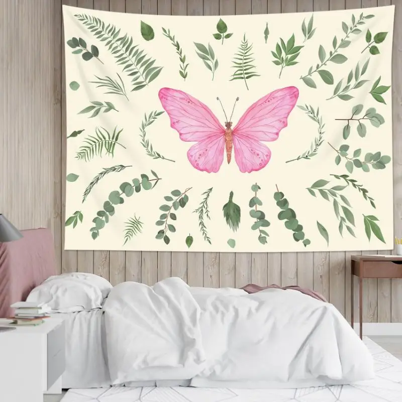 VIKAMA Watercolor Butterfly Eucalyptus Mandala Tapestry, Fresh Wall Hanging, Bohemian Wall Decor for Bedroom Dormitory