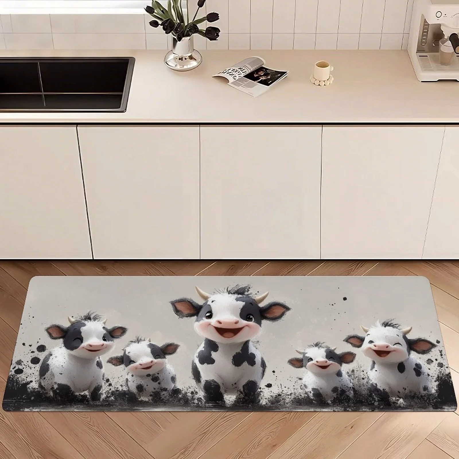 Cartoon Dairy Cow Kitchen Rug Non-Slip Washable Diatom Mud Floor Mat for Kitchen Hallway Balcony Pet Friendly Home Decor
