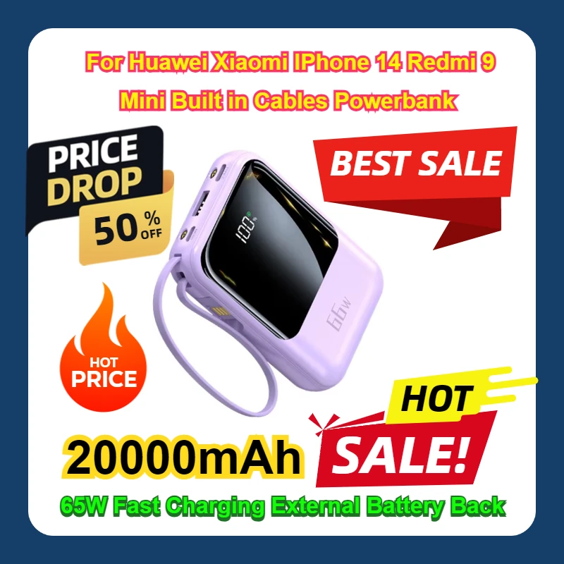 

20000mAh 66W Fast Charging External Battery Back For Huawei Xiaomi IPhone 14 Redmi 9 Mini Built in Cables Powerbank