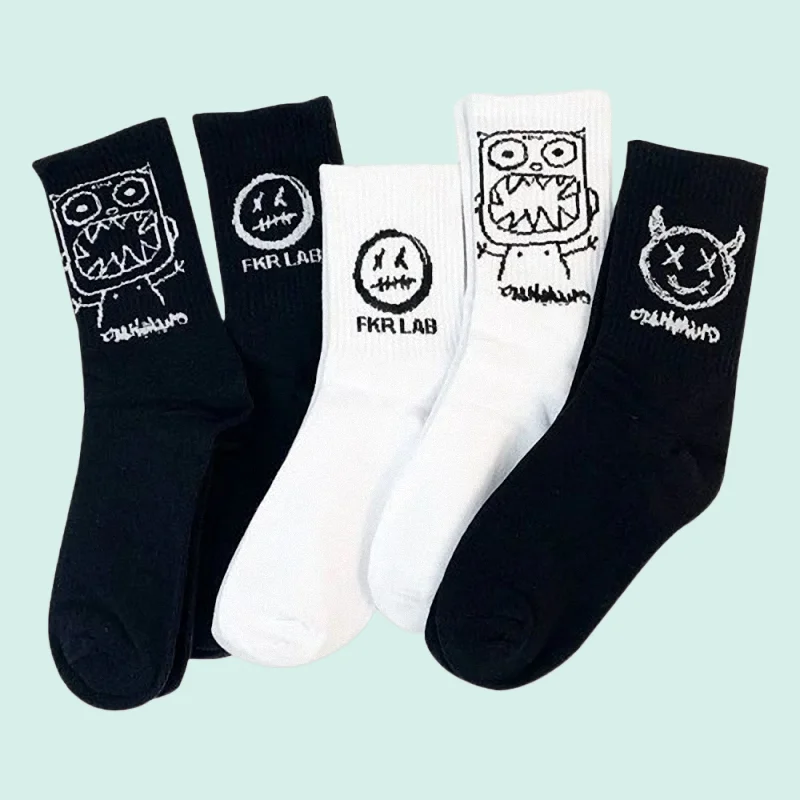 

5/10 Pairs New High Quality Men's Socks Minimalist Expression Black White Socks Cartoon Cotton Hip-Hop Funny Long Couple Socks