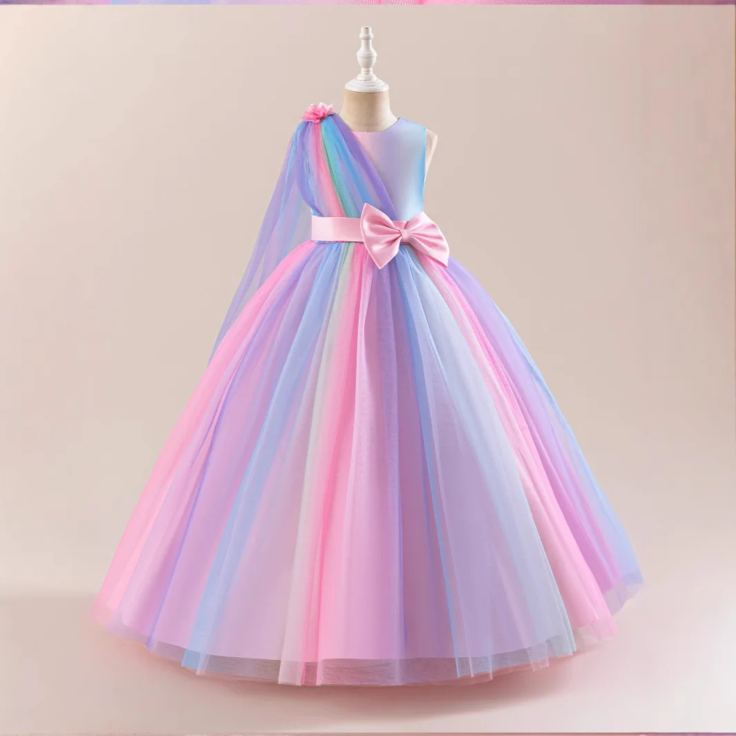 Rainbow Mesh Girls Elegant Bridesmaid Party Dress Kids Wedding Birthday Princess Evening Gown 10 12 Years image 3