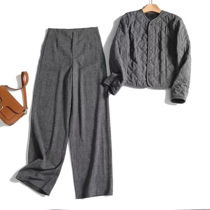 Maxdutti Southern French Autumn And Winter Grey Quilted Jacket With High Waist Straight Through Casual Trousers Woman Clothes