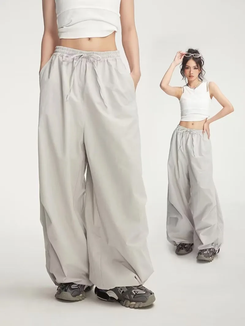 American Wide Leg Track Pants Stretch Belt Loose Casual Pants Parachute Pants Paratrooper Overalls 2024 New