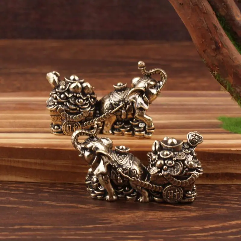 Brass Ornament Treasure Bowl Elephant Pulling Cart Home Craft Living Room Gift Decoration
