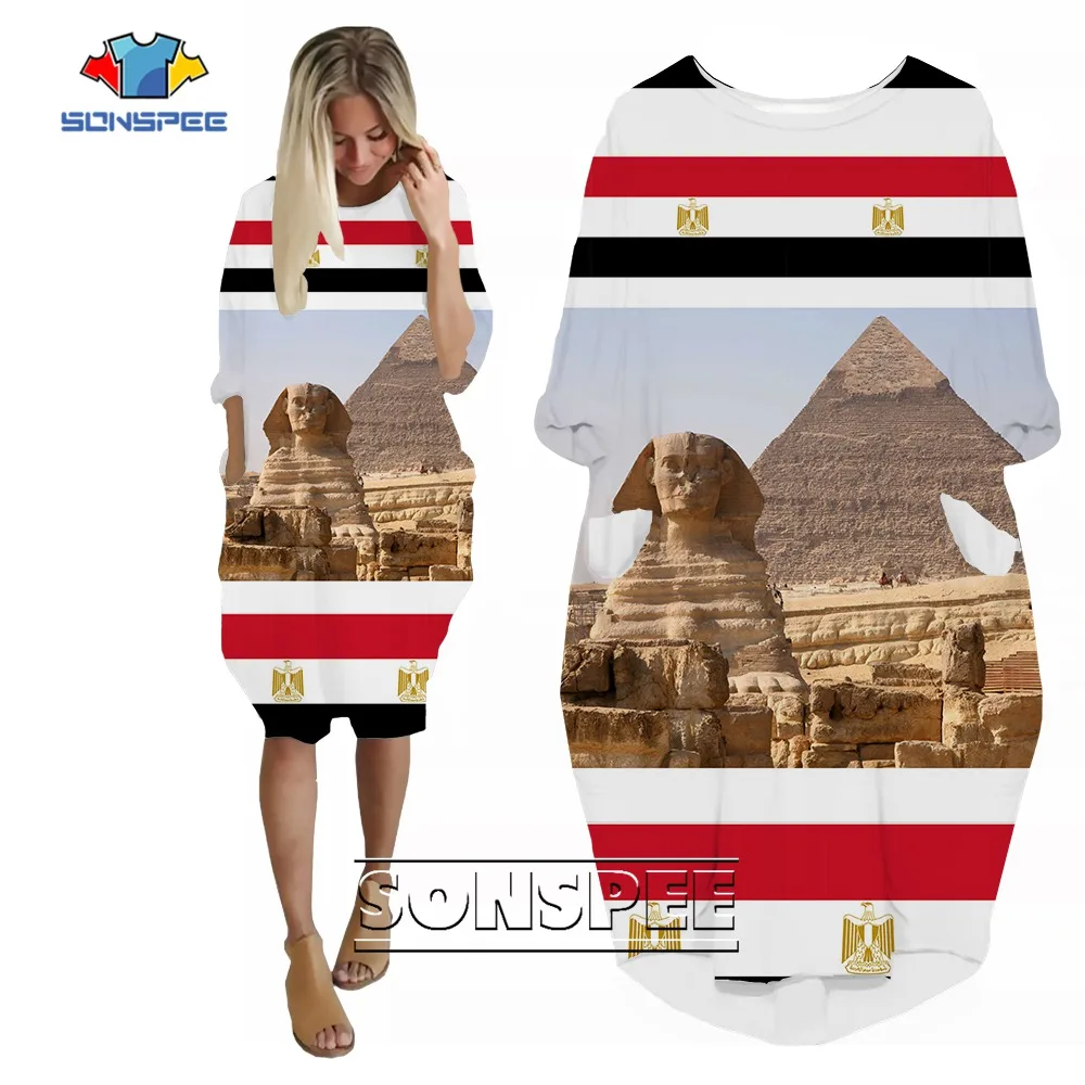 

SONSPEE Pyramid of Khufu 3D Printing Dress Mythology Gods Pockets Skirt Female Loose Egyptian Pyramid Sphinx Robe Dresses