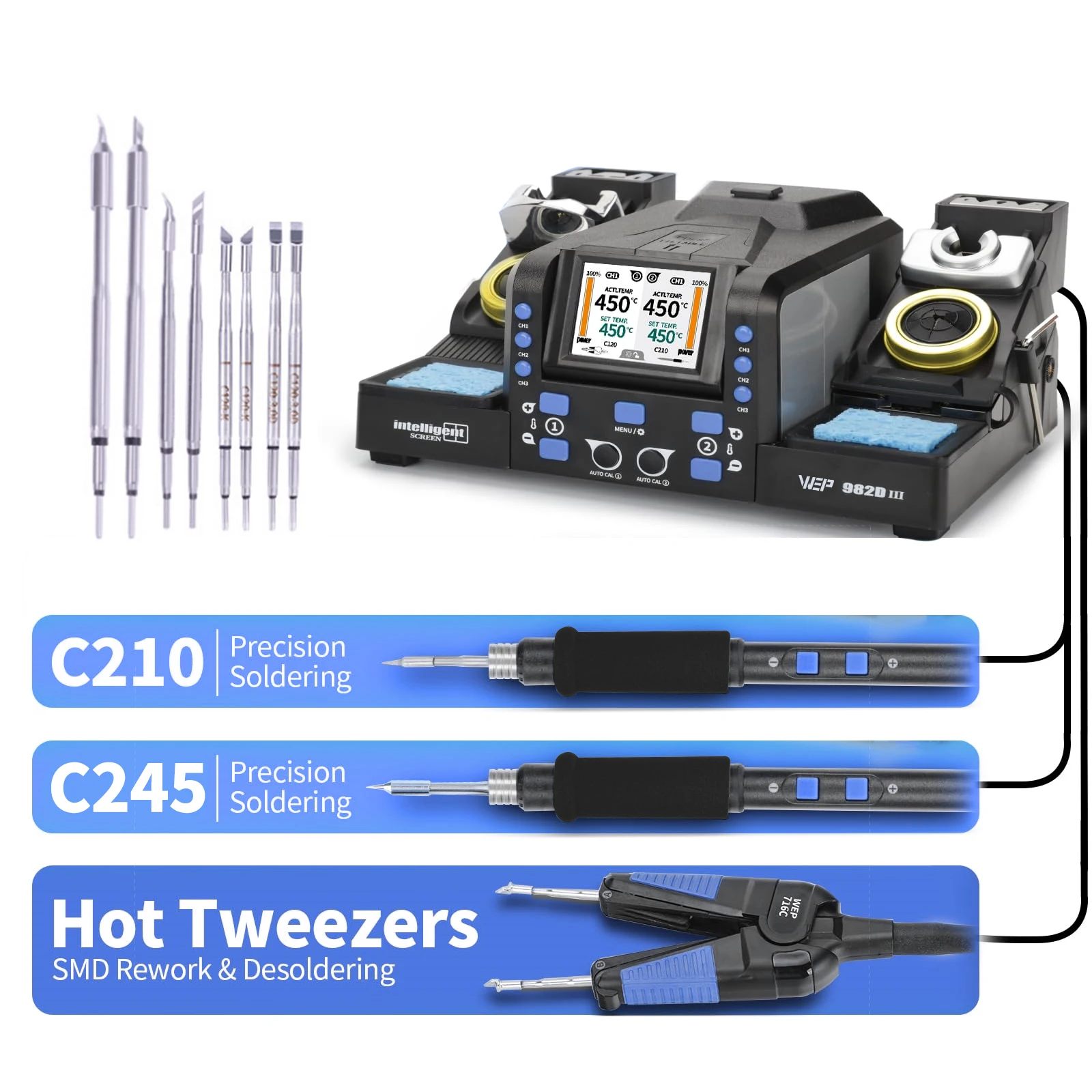 

WEP Precision Soldering Station Micro Desoldering Tweezers Station Dual Solder Iron Kit, Fast Heating in 2 Second, 24M Warranty