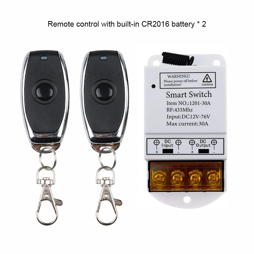 Wide Voltage DC 12V-76V 30A Remote Relay 433Mhz Remote Control Wireless Switch On Off Used for Smart home appliances/Light