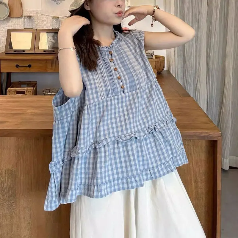 Fashionable Plaid Temperament Blouse Women's Clothing Loose Casual Versatile Summer Korean Round Neck Chic Folds Spliced Shirts