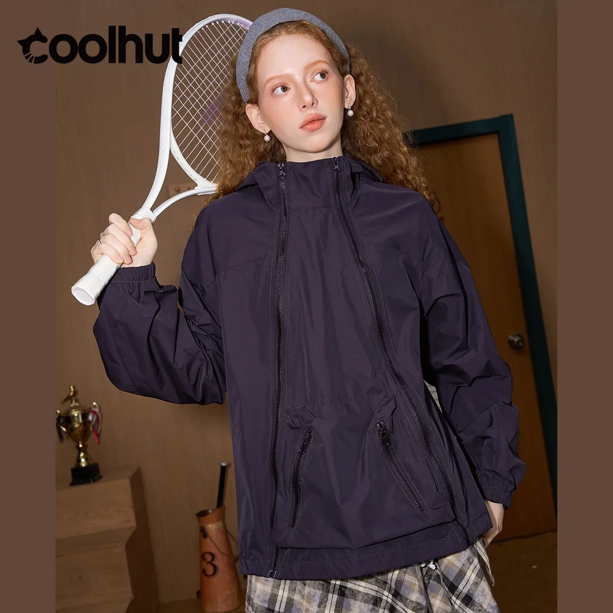 

COOLHUT 2025 Autumn Women Double-Zip Utility Hooded Jacket Stylish Outdoor Windbreaker with Design Details Casual Workwear Coat