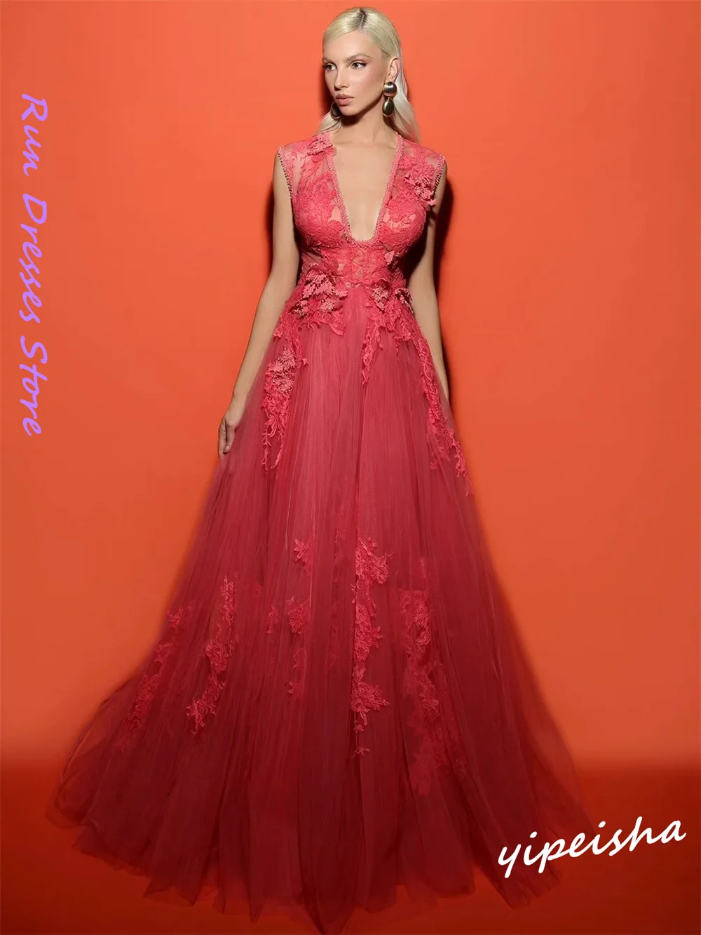 Vestido de baile elegante con cuello en V para quinceañera, vestido de encaje de red/tul para ocasión Formal