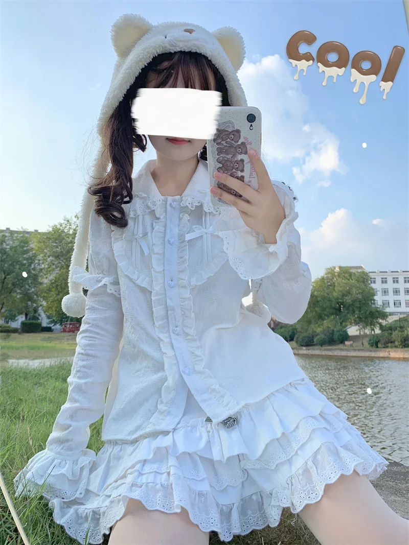 Original Design Lolita Inside Shirt Girl Autumn Doll Collar Lace Long Sleeve Casual White Blouses Girl Sweet Cute Elegant Tops