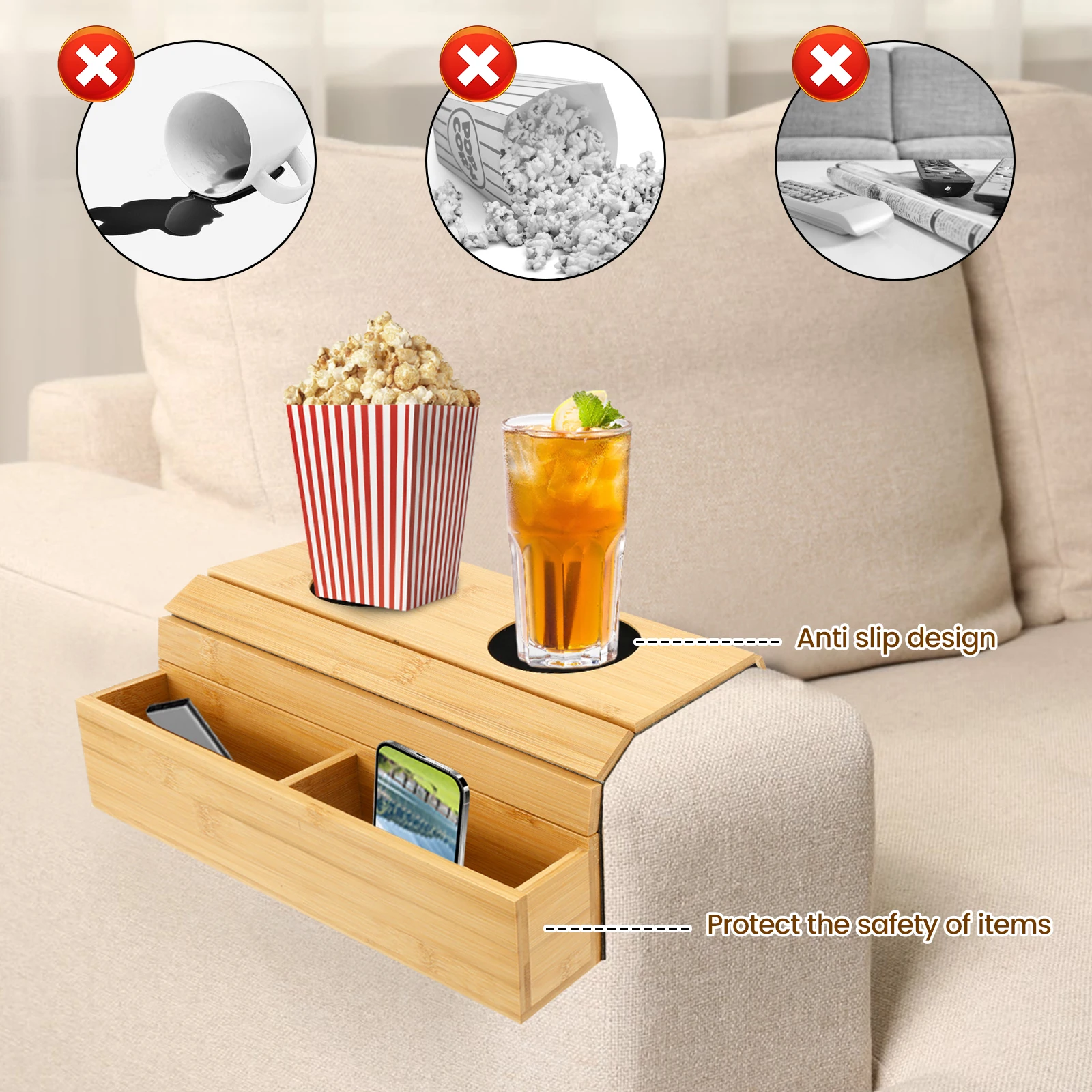 Bamboo Sofa Arm Tray Foldable Couch Cup Holder Anti-Slip for Drinks Snacks Remote Control Magazine Organizer