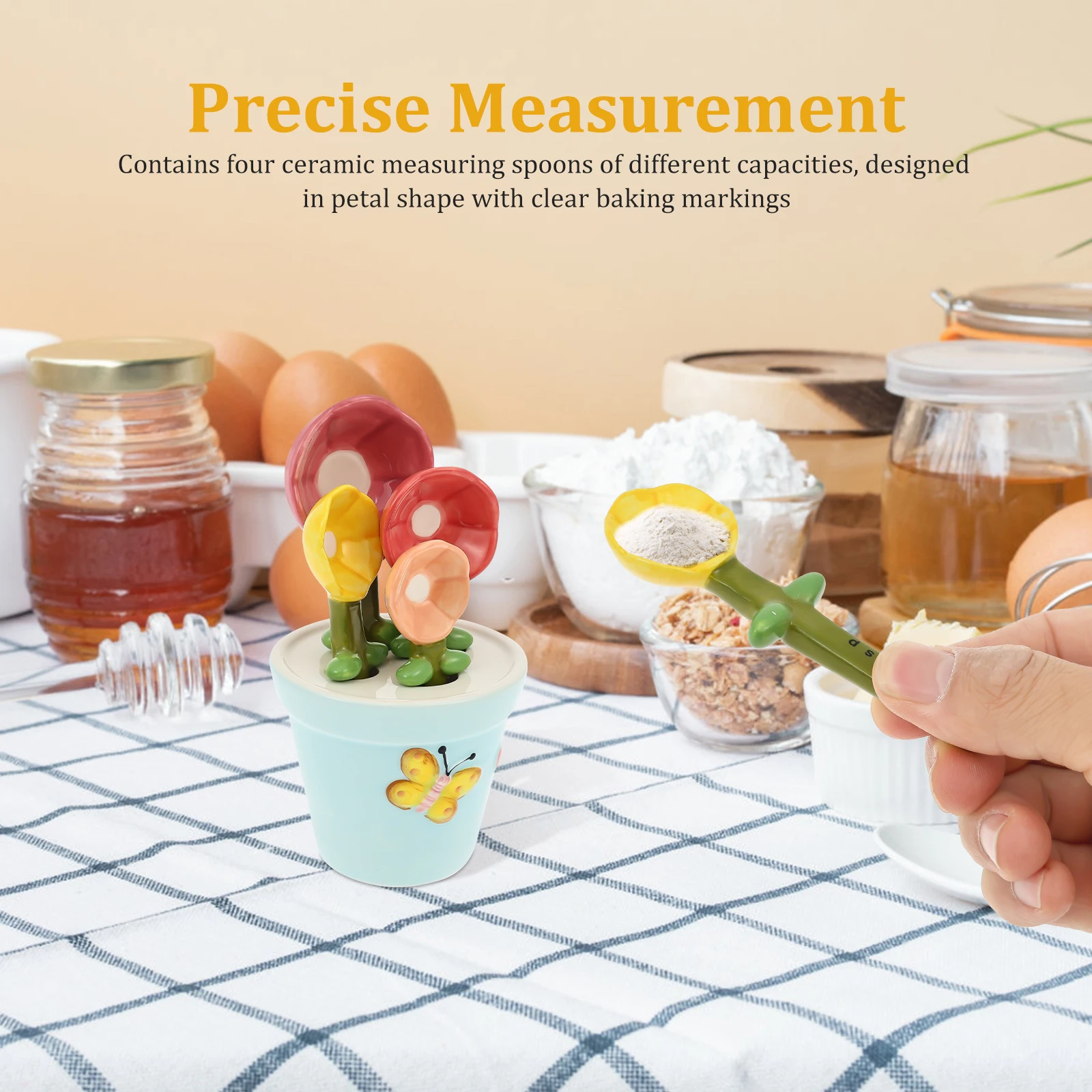 4Pcs Ceramic Measuring Spoon with Base Set 1/4 Tsp 1/2 Tsp 1 Tsp 1 Tbsp Ceramic Flower Pot Shape Kitchen Tool Baking Scale Spoon