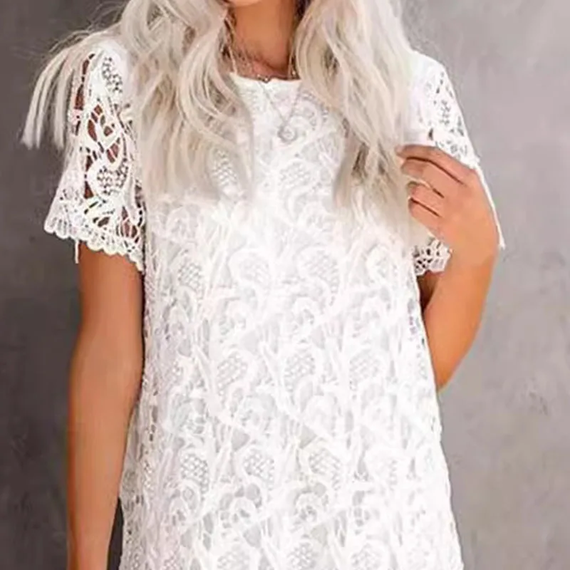 Elegant Boho White Women's Summer Short Sleeve Dress Sexy Hollow O Neck Lace Vestidos Holiday Casual Loose Party Dresses Female