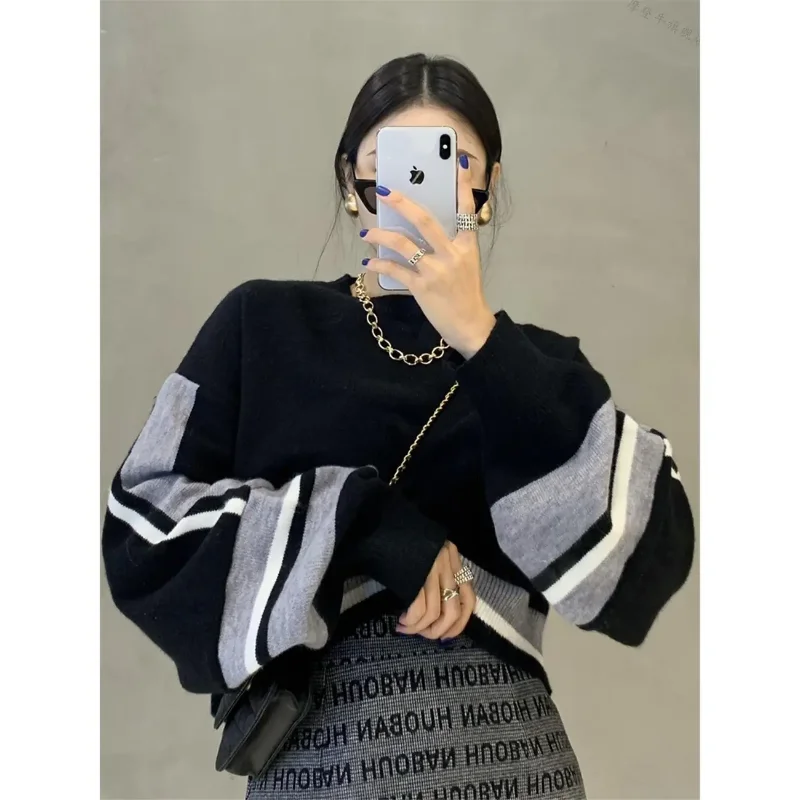 

Новый французский нишевый шикарный свитер, женский вязаный свободный короткий топ в иностранном стиле