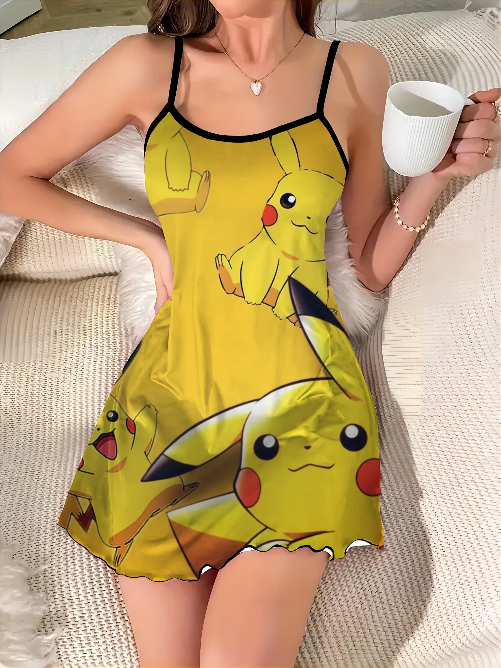 Pajama Skirt Pokémon Fashion Summer Dresses 2024 Pikachu Slip Dress Crew Neck Satin Surface Lettuce Trim Elegant Women Mini Sexy