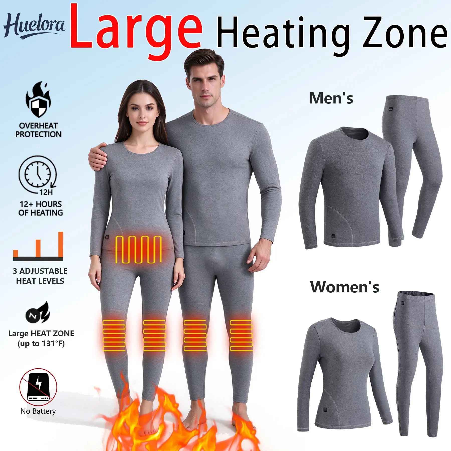 Couple Heated Thermal Underwear Set Men Women, Large Heating Zones 3 Adjustable Heat Levels Machine Washable Winter Warm