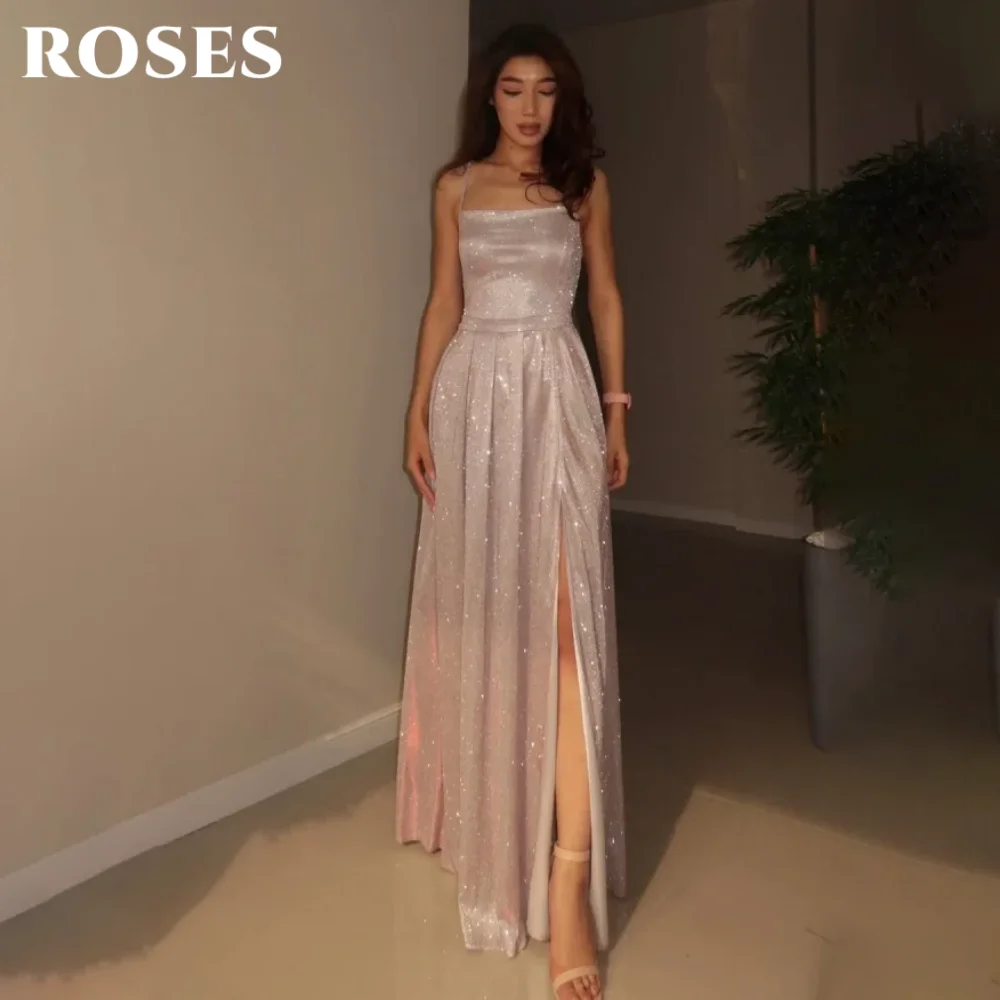 ชุดราตรีสีเงินวิบวับ โรส ซิลเวอร์ ทรงเอไลน์ สำหรับงานพรอม งานแต่งงาน หรืองานเลี้ยงตอนเย็น แบบมีรอยผ่า แขนกุด สามารถสั่งตัดได้