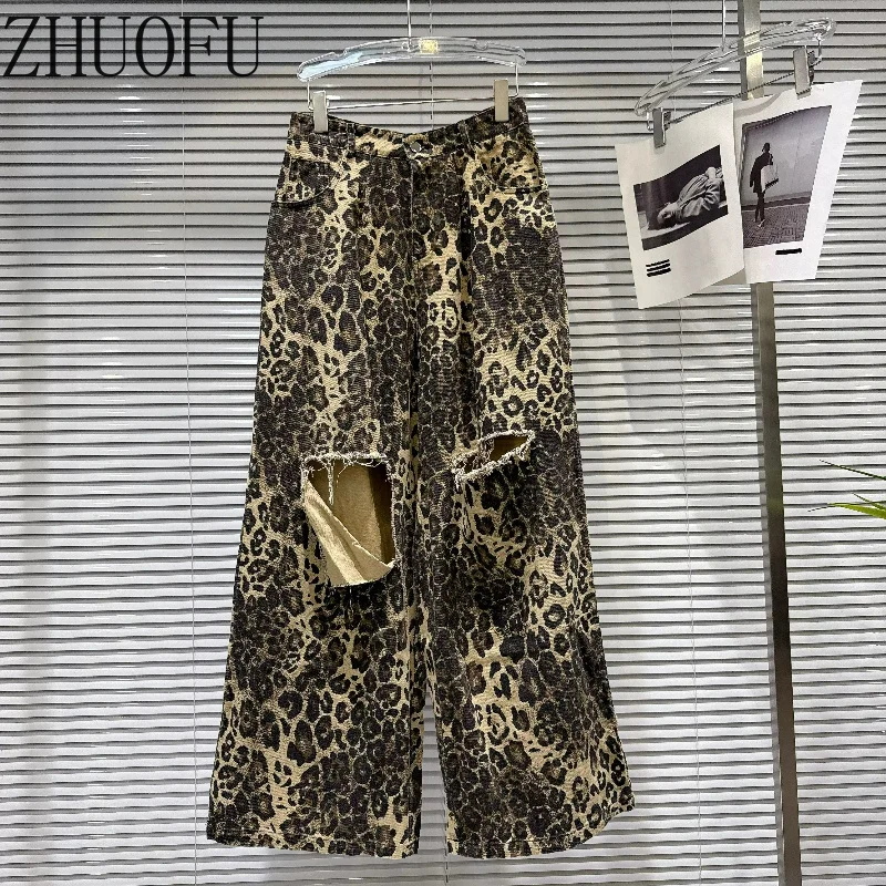 Women Leopard Print Wide Leg Jeans High Waist Denim Pants Vintage Sweet Cool Y2k Loose Streetwear Casual Long Trousers 2026 New