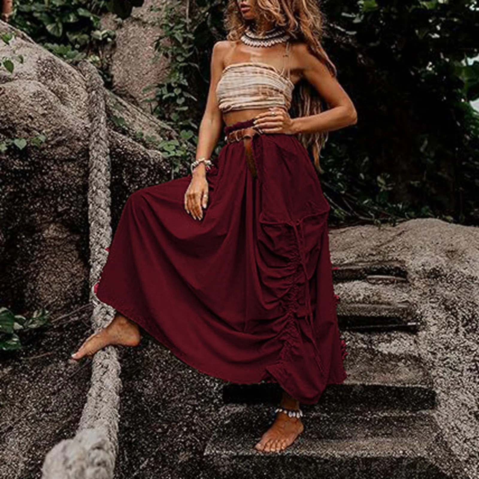 Bohemian Pants Women Retro Drawstring Oversized Pants High Waist Solid Color Loose Medieval Trousers