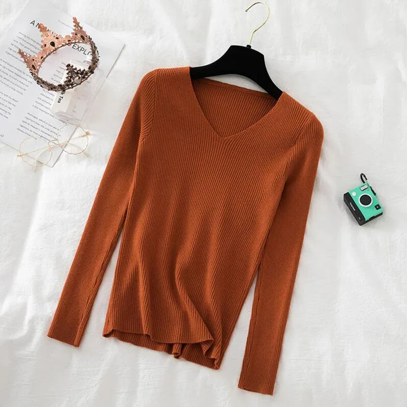 Zoki New Women Sweater Autumn Long Sleeve Pullover Basic Top Fashion V-neck Elastic Female Winter Solid Knitted Jumper