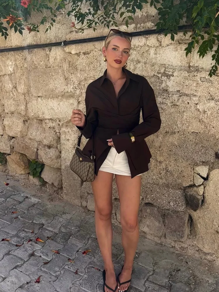 Casual Irregular Double Hem Shirt Women Chic White Lapel Single Breasted Slim Short Blouse Lady Solid Daily Street Wear 2026
