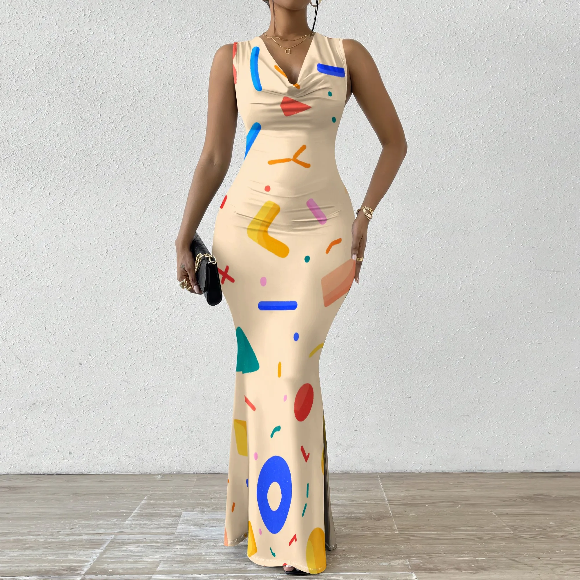 

Women's Playful Geometric Print Maxi Dress XS-2XL - Sleeveless Cowl V-Neck Bodycon Party Gown - Fun Summer Celebrations