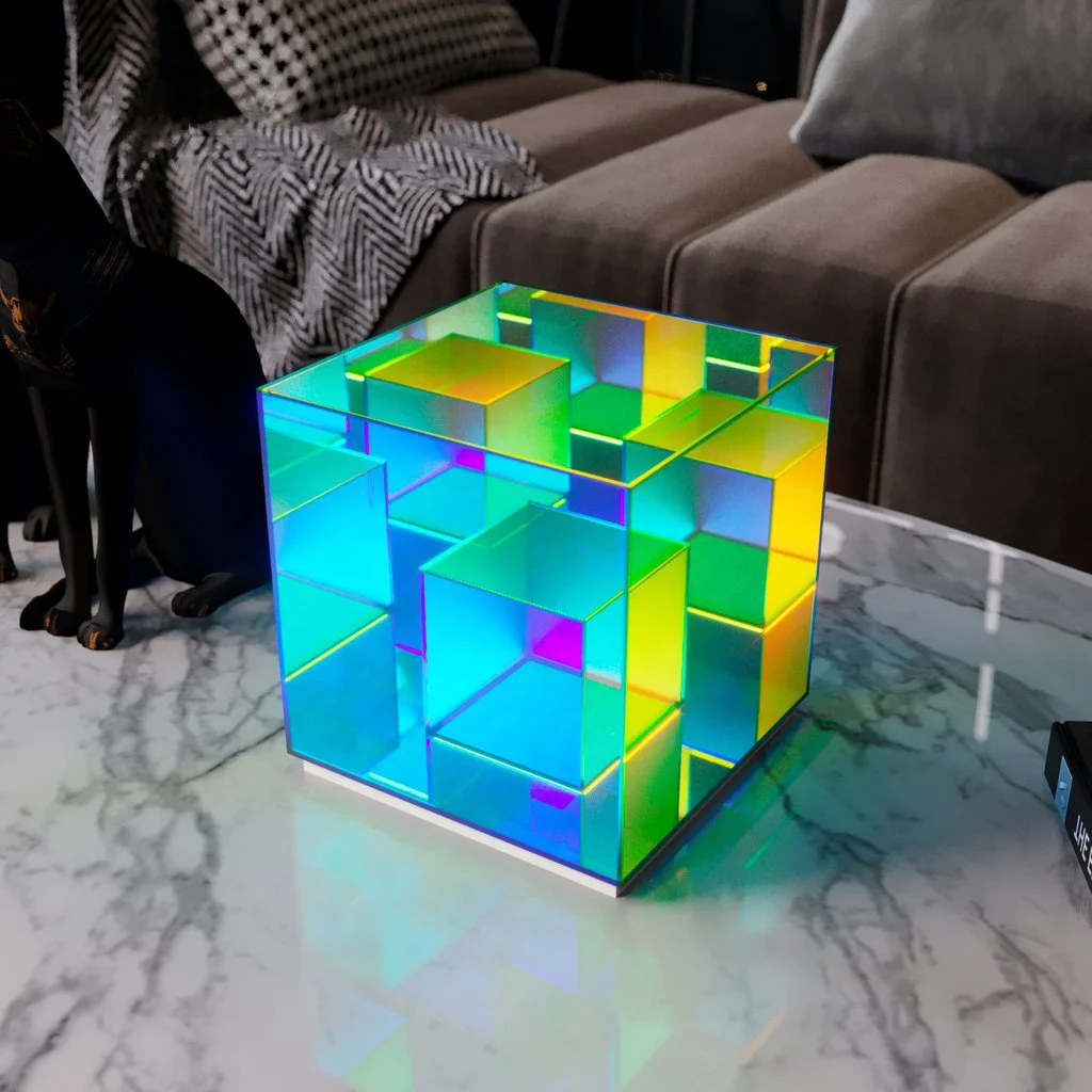 Modern bedroom living room decorated with rainbow Acrylic Rubik's cube LED table lamp