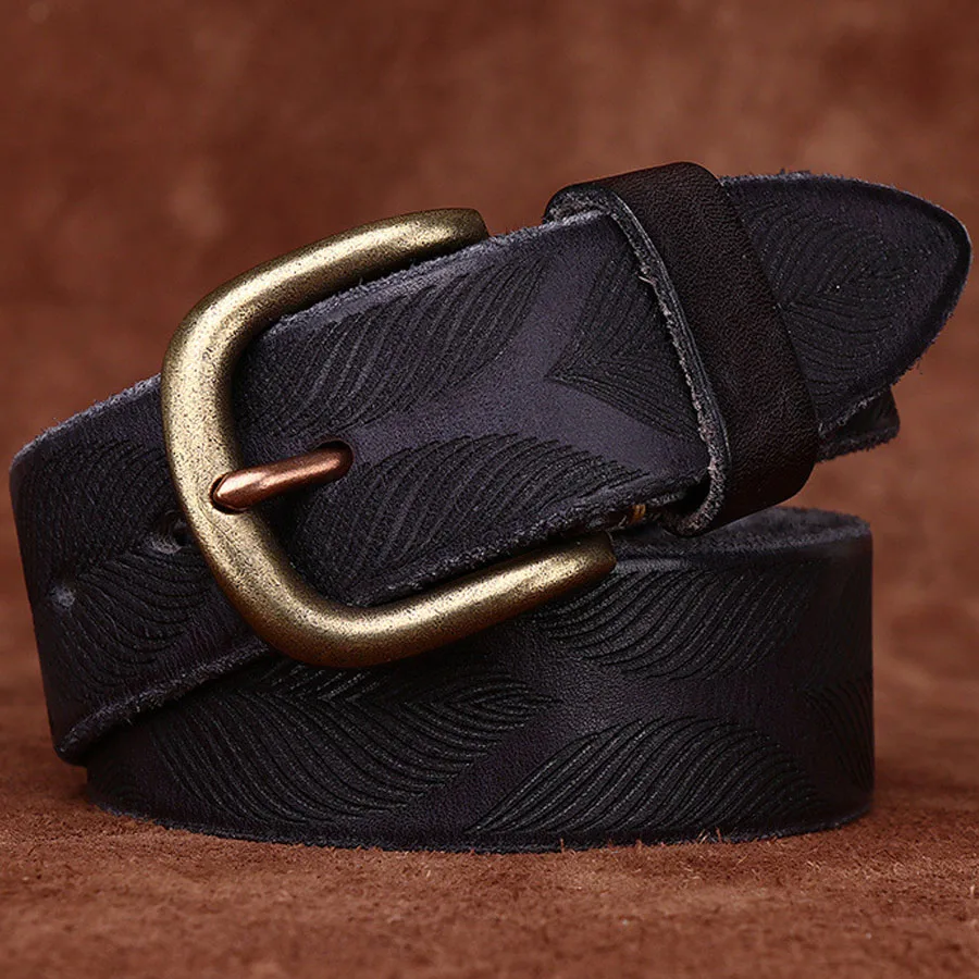 Men's Retro Simple Casual Plant Tanned Leather Head Layer Cowhhide Embossed Waist Belt Steel Buckle Belt Black Color Width:3.8cm