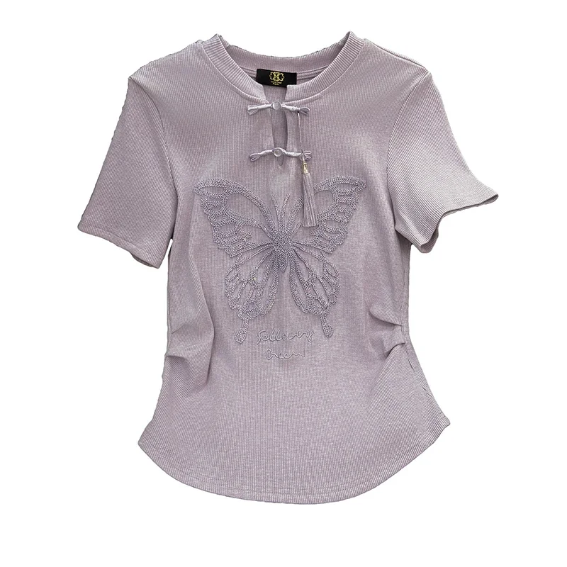 Chinese Style Women's T-shirts Summer Embroidery Vintage Tees Short Sleeve Loose Fit Cotton Women Tops O-neck Clothing