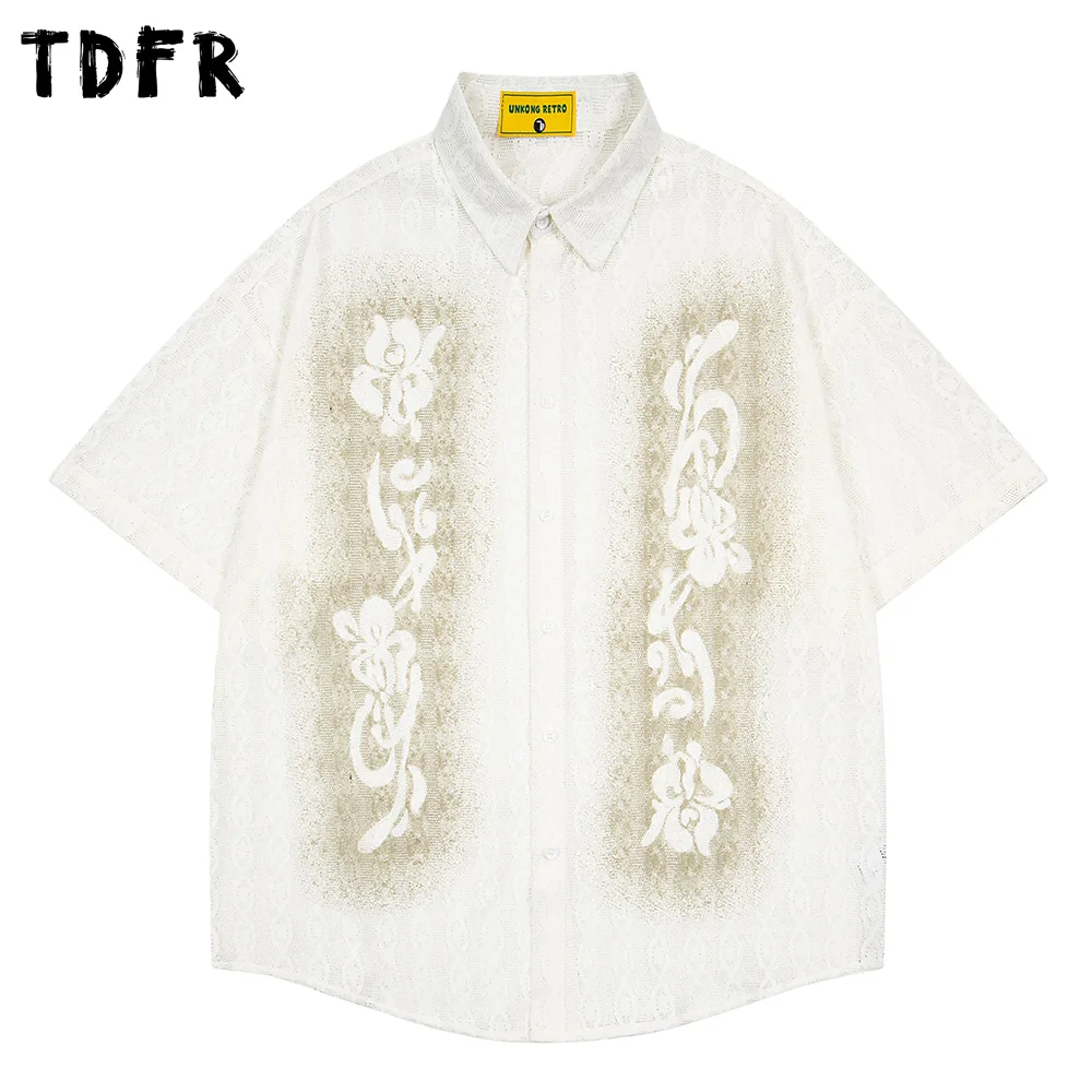 Print Lace Short Sleeve Shirts Mens Summer Casual Single Breasted Loose Lapel Half-Sleeve Curved Hem Shirts Man