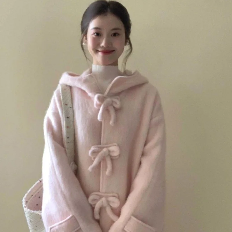 

Верхняя одежда, милое, милое, молодежное, розовое пальто с капюшоном в корейском стиле, супер красивое пальто средней длины, женская осенне-зимняя куртка