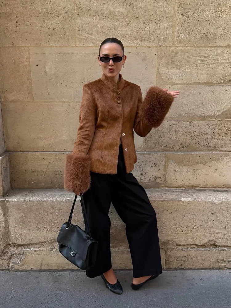 Elegant Retro Brown Faux Fur Accent Jacket Women Stand Collar Button Closure Fluffy Cuff Slim Old Money Fall Outerwear Daily