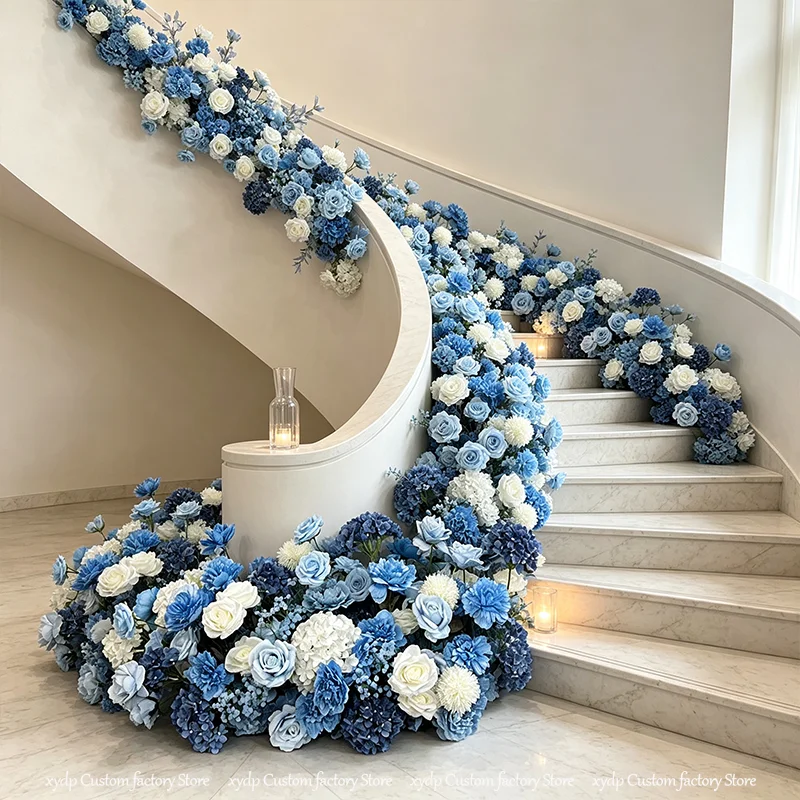 5D Blau-Weiße Künstliche Blumenreihe Rosen-Hortensien-Treppenblumen Sofa-Läufer Hochzeitsdekoration Gang Bühnenhintergrund-Arrangement – Detail 5