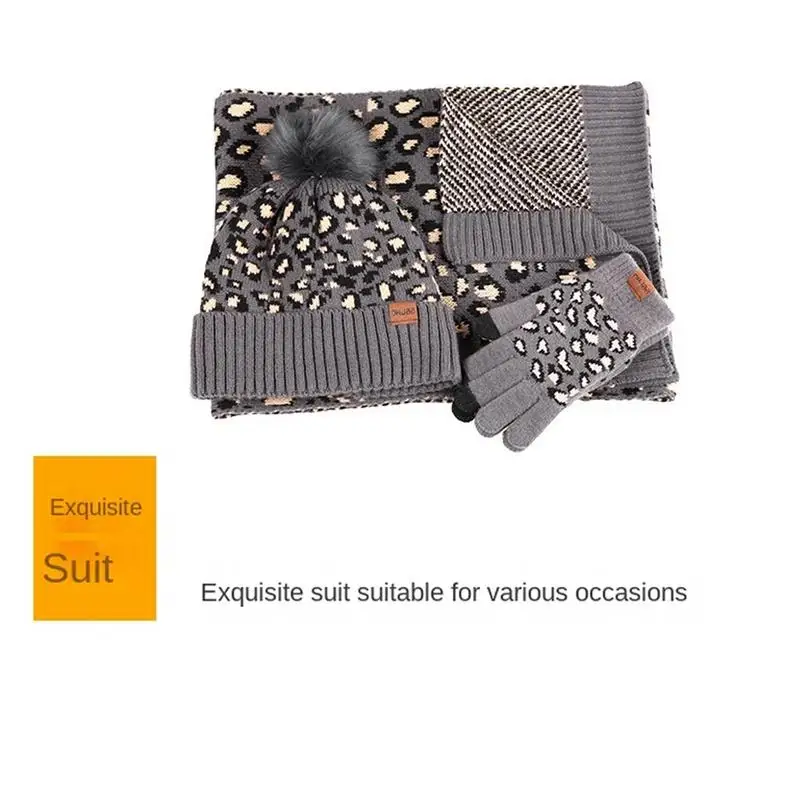 Winter Hats Scarf With Gloves Cute Leopard Print Knit Gloves Set Thick Warm Gloves Winter For Running Skiing Camping