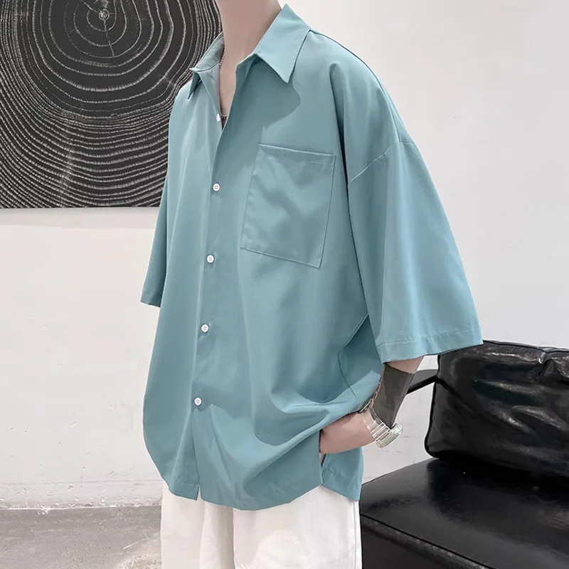 Summer Short Sleeved Shirt Men Fashion Society Mens Dress Shirt Korean Loose Casual Shirt Mens Oversized Ice Silk Shirts M-3XL