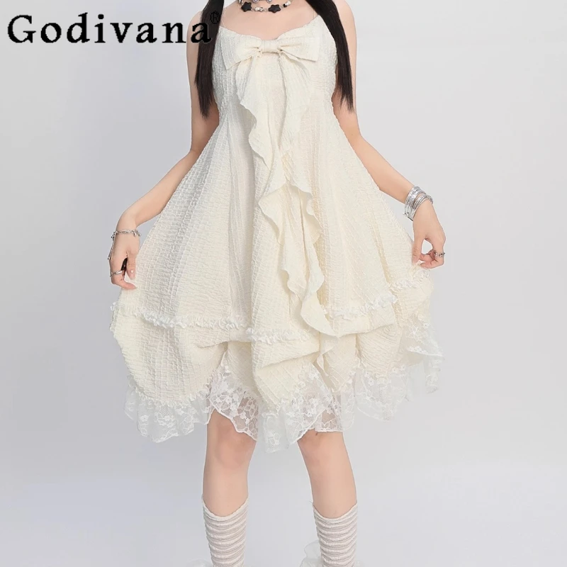 

Sweet Cool Y2k Bow Elegant Lace Loose Girl Suspender Dress Summer V-neck High Waist A-line Apricot Ruffles Cute Lolita Dresses