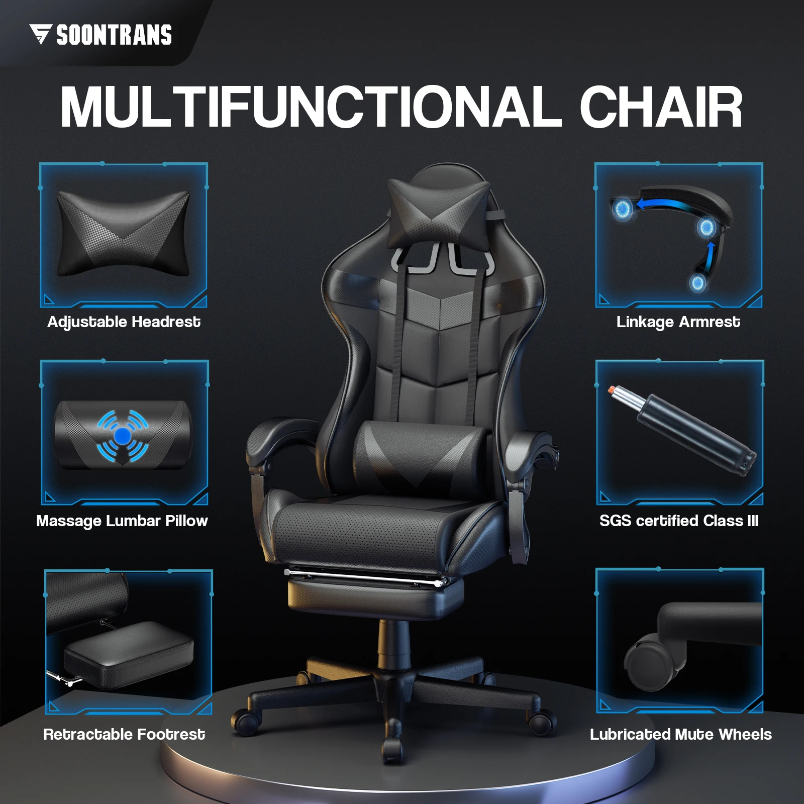Silla de Juego Soontrans con Masaje, Reposapiés, Reposacabezas y Cojín Lumbar con Función de Masaje, Reposabrazos Acolchados, Silla Ergonómica para Gamers, Transmisiones en Vivo por YouTube, Xbox
