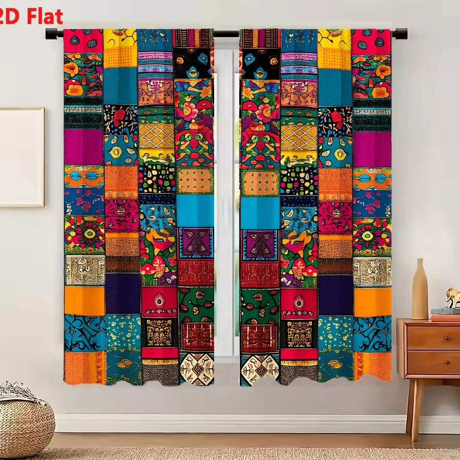 2Pcs Curtains 2D Flat Vibrant Patchwork Quilt Textile With Floral Geometric Patterns And Stylized Human Forms In Deep Blue Brigh