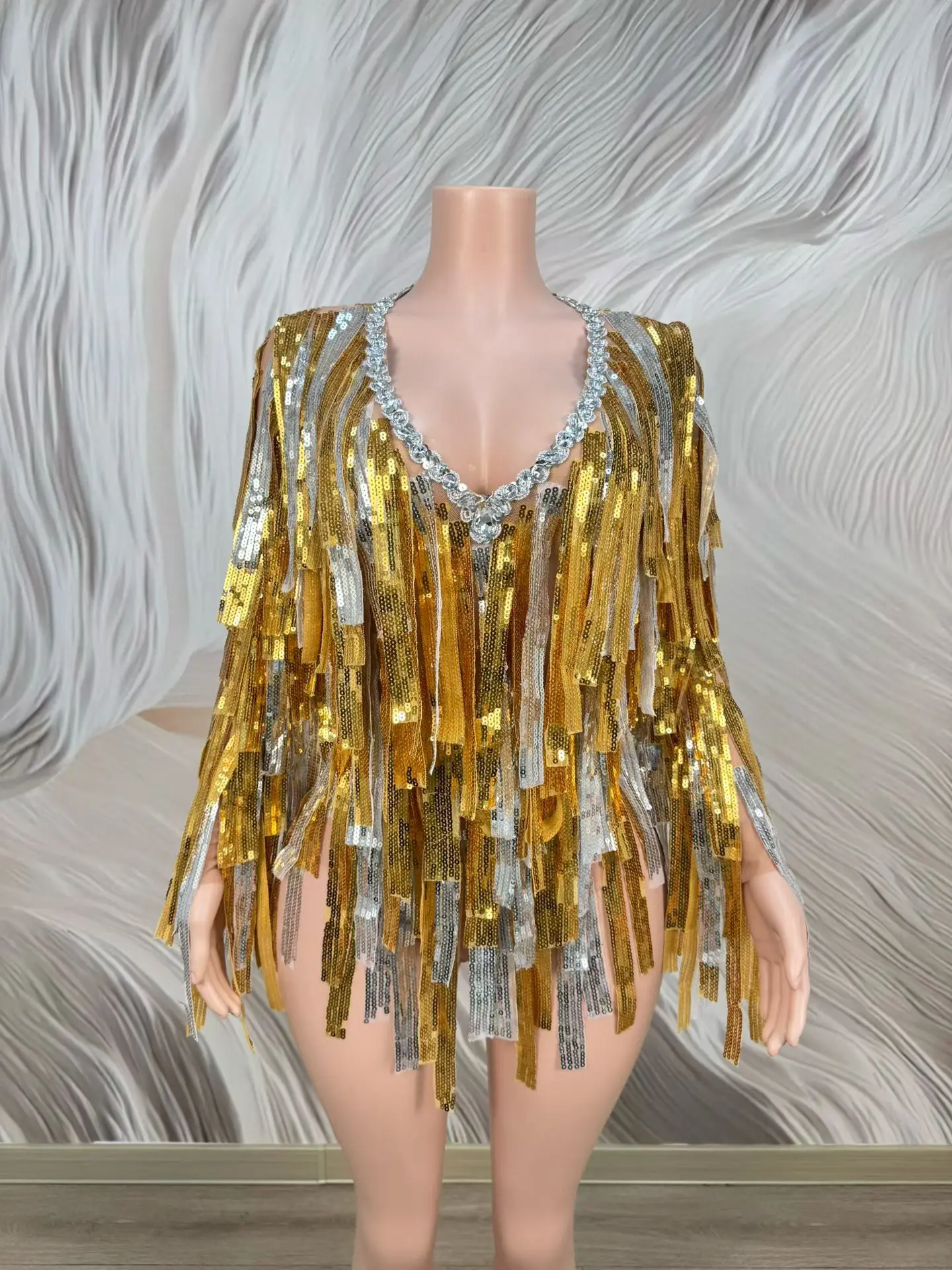 Gold Streamer Tassel Deep V Neck Dance Bodysuit Carnival Costume Party Stage Drag Queen Performer Outfit Cheerleader Wear Caidai