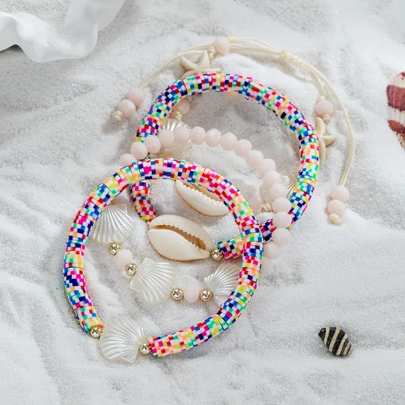 4pcs Set Boho Fashion Colored Flat Beaded Scallop Shell Elastic Stackable Bracelets for Women Summer Vacation Gift Jewelry Sets
