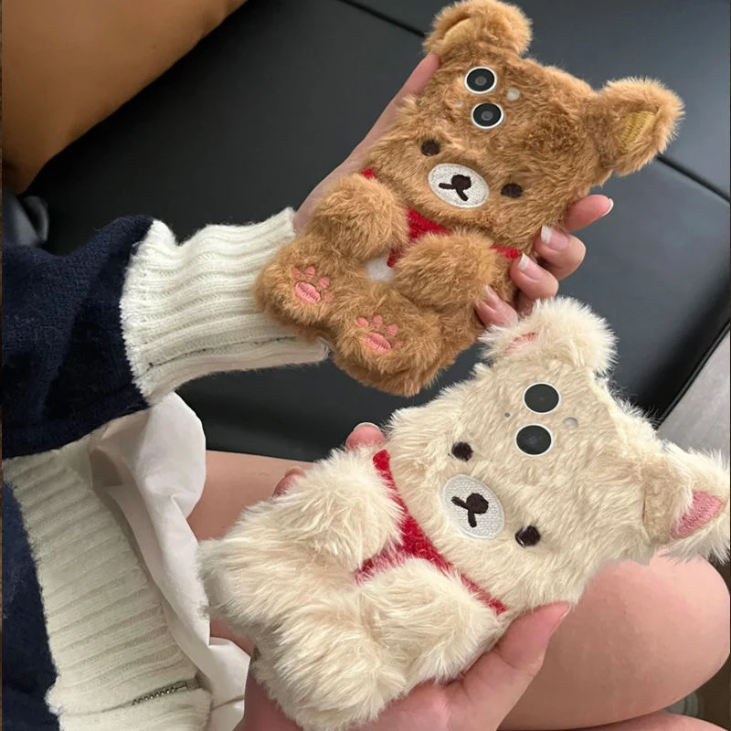 Luxury brown white bear Fluffy Fur phone case protection for iPhone 17 16 15 13 12 11 14 Pro Max XR 7 8 Plus Lovely Plush Coque