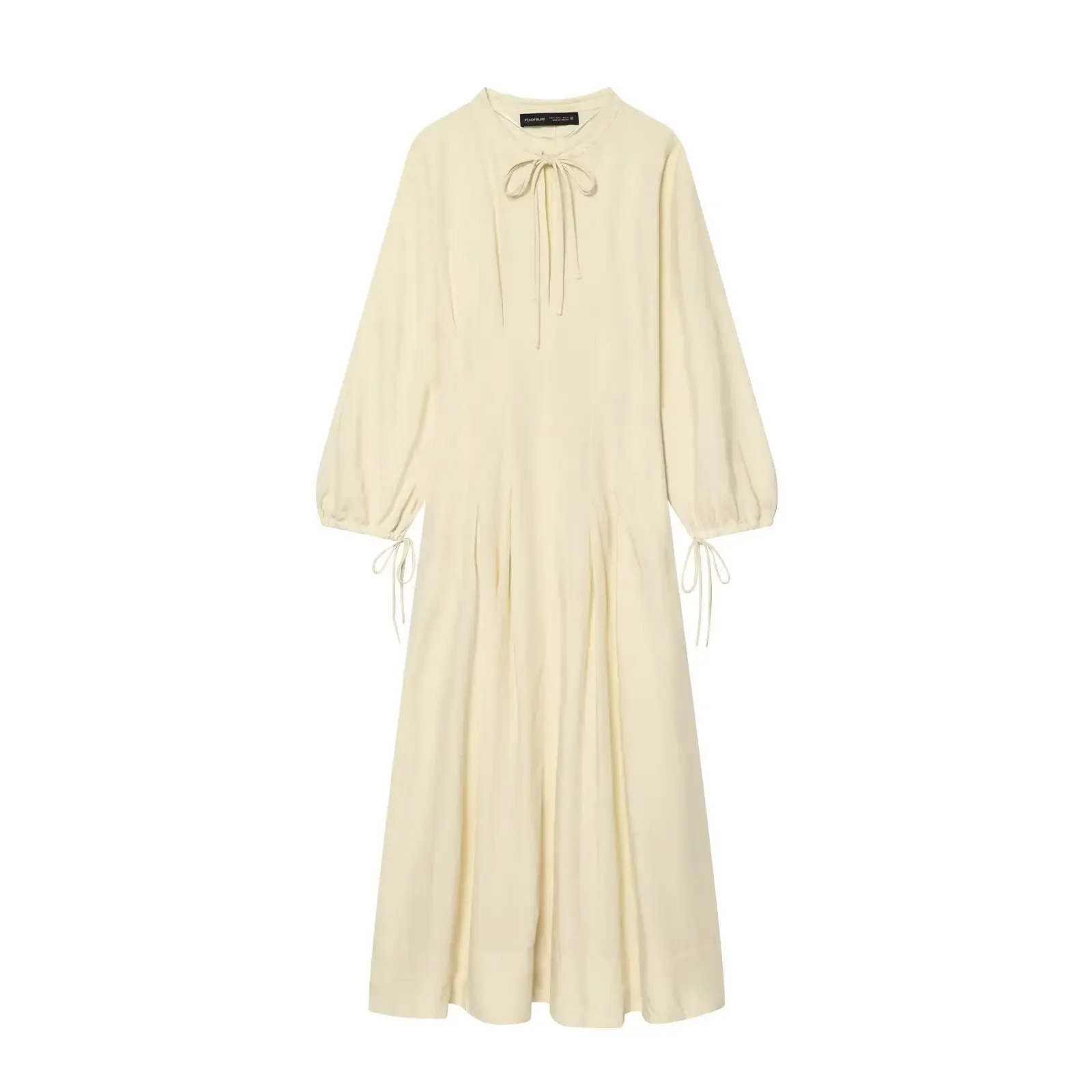 Nuevo Vestido Midi de Verano para Mujer, Estilo Mediterráneo, Color Crema, Cuello con Lazos, Manga Farol, Cintura Plisada, Vestido Maxi Holgado