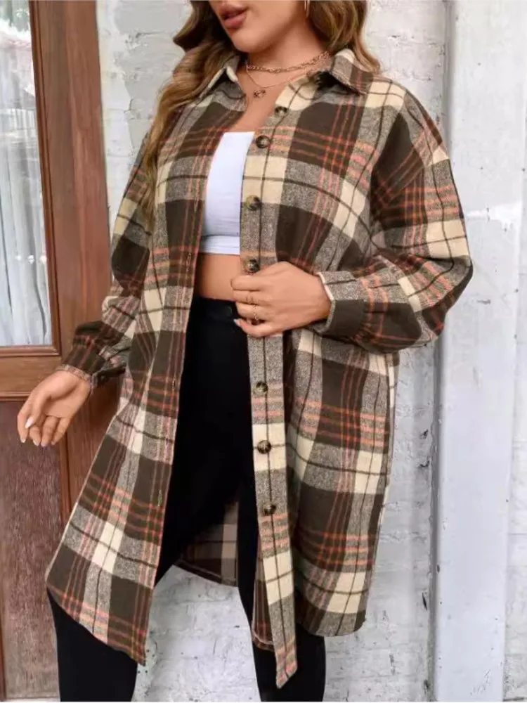 Plus Size Autumn Midi Plaid Striped Print Shirts Coats Women Irregular Pleated Fashion Ladies Blouses Casual Loose Woman Shirts