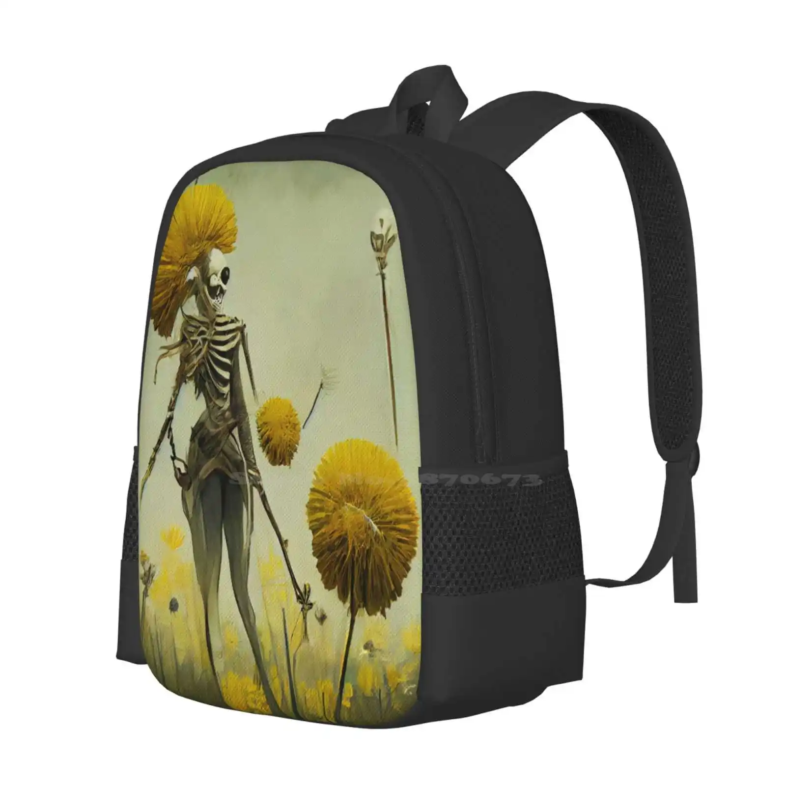 Esqueleto mulher e flores mochila, dente-de-leão floral amarelo, bolsa botânica para adolescentes, homens e mulheres