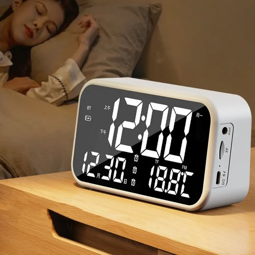 

Dual Alarms Mirror Alarm Clock Large Rechargeable Bluetooth Speaker Voice Control Temperature Display LED Display Clock Travel
