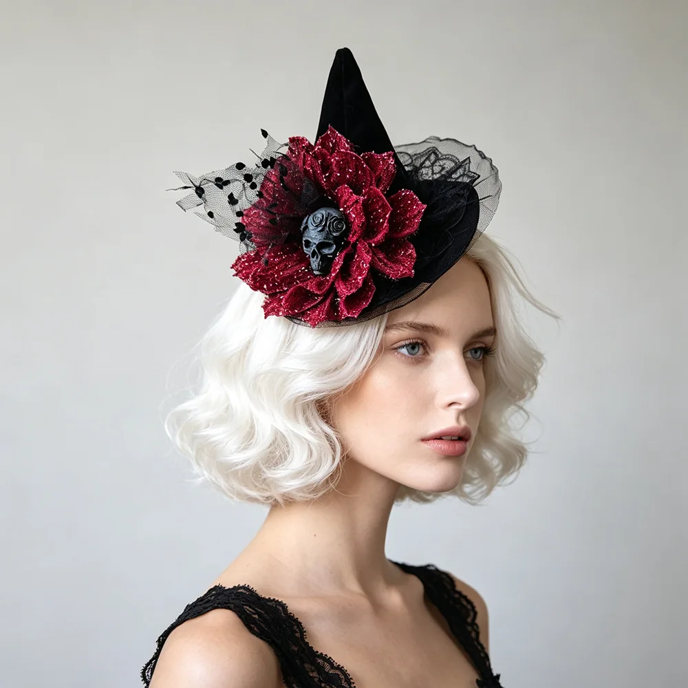 Retro Gothic Mini Witch Hat Hair Clip Skull Accent Glittery Red Flower Lace Trim For Halloween Cosplay Masquerade Party Costume - view 2