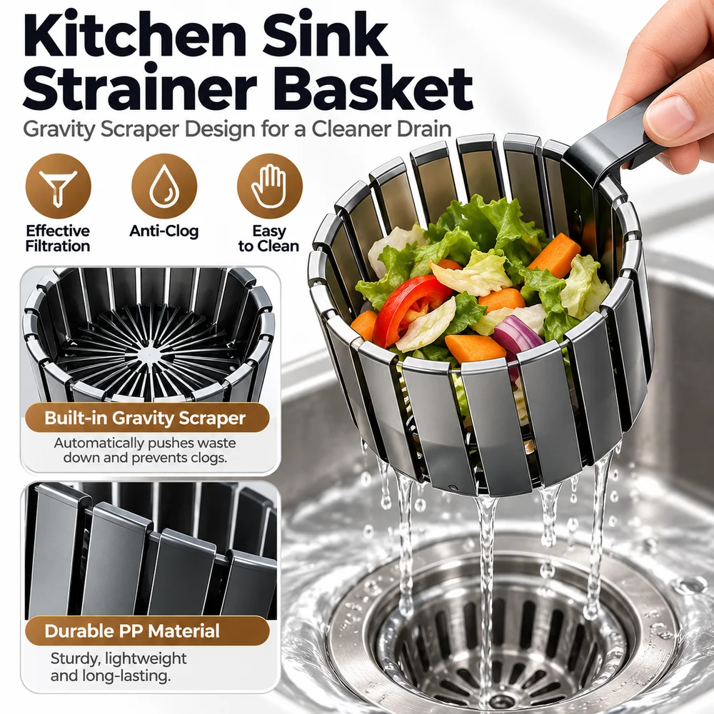 New Gravity Scraper Sink Drain Filter Anti Clog Residue Filter Drain Filter Basket Reusable Handle Sink Waste Strainer Washbasin
