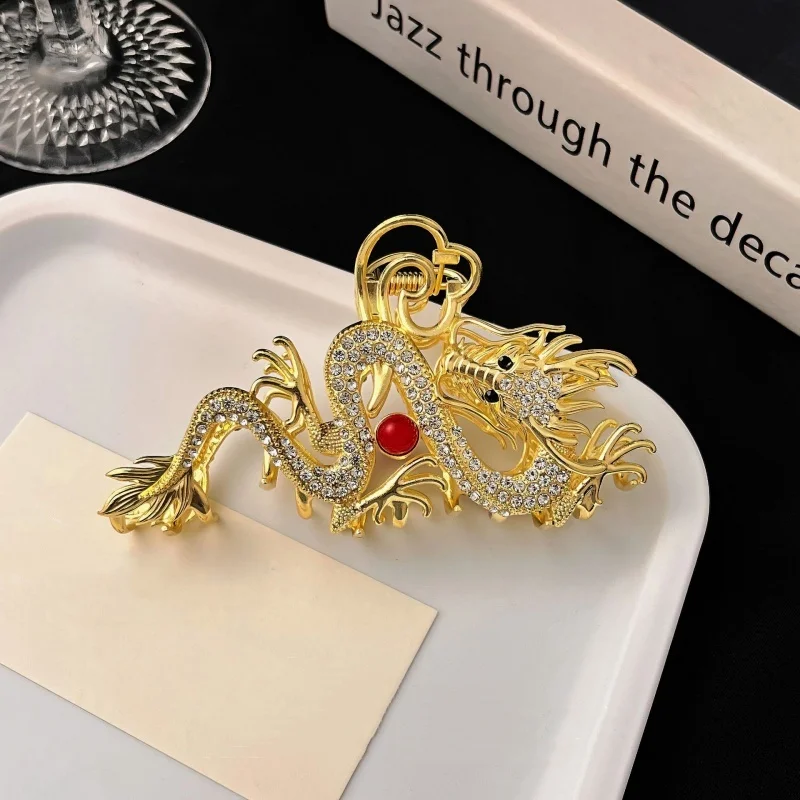 New Chinese Dragon Year Hair Clips Hair Accessories Girl Red Bead Metal Rhinestone Hair Pin Fashion Jewelry Decorative Props