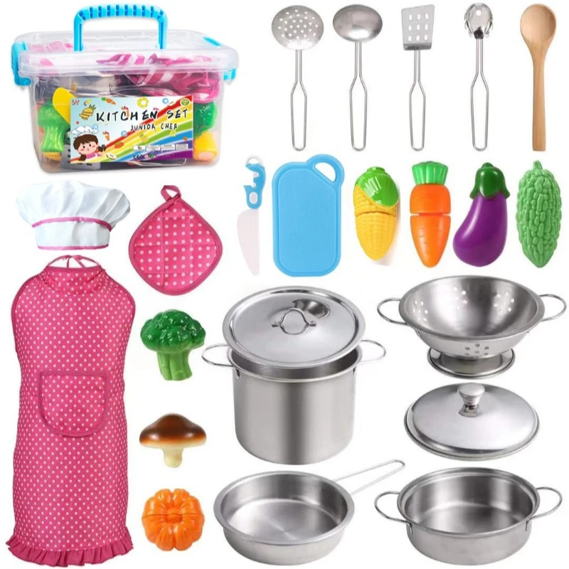 

Kitchen Pretend Play Toys with Stainless Steel Cookware Pots and Pans Set Cooking Utensils Apron & Chef Hat Cutting Vegetable